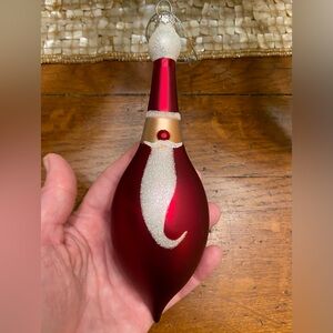 Handblown De Carlini ? Oblong Santa Face Glass Christmas Ornament w Glitter